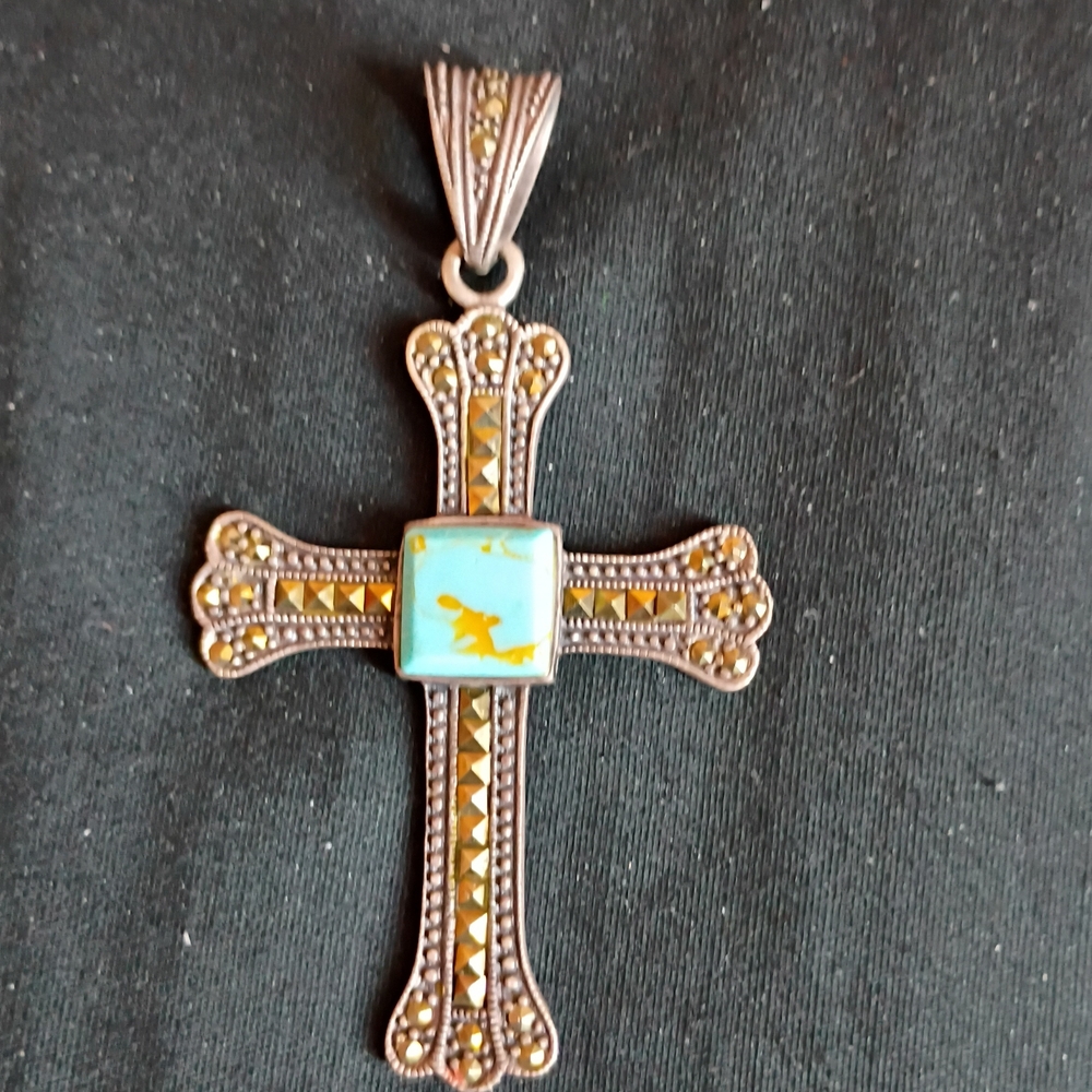 Silver and Blue Ornate Cross Necklace